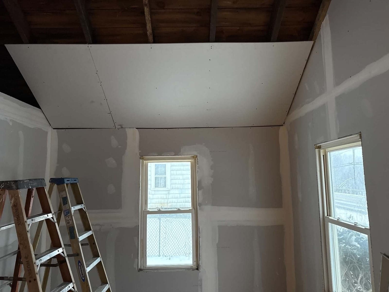 Drywall hung on a vaulted ceiling